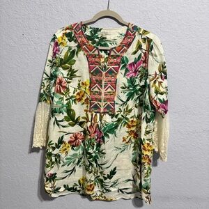 John Mark Medium Linen Tropical Floral Print Embroidered Boho Top Lace Sleeves